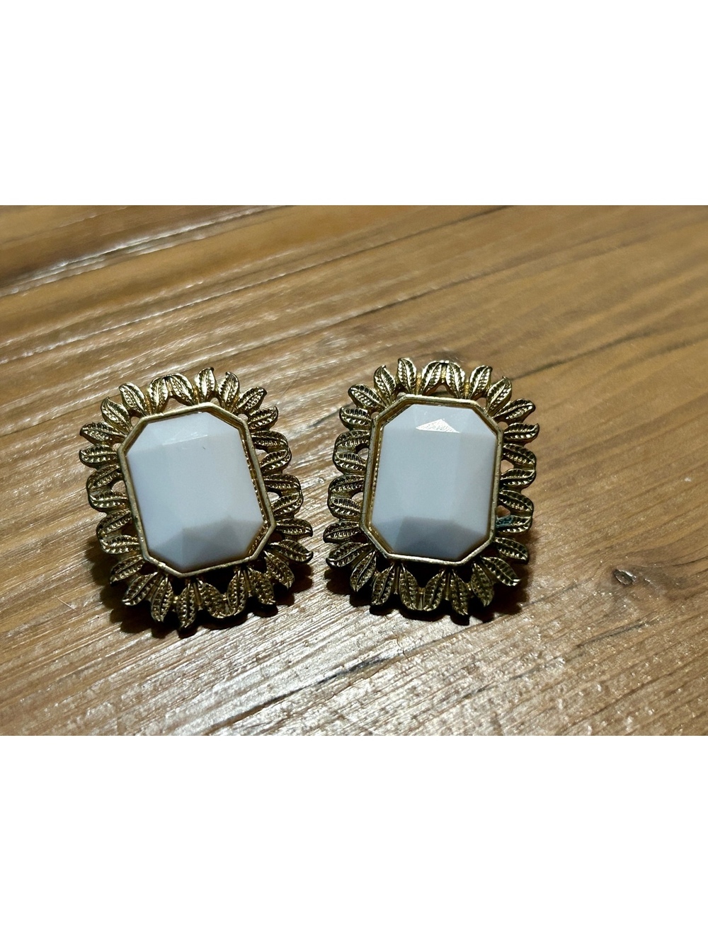 Gold Tone White Stone Leaf Design Earrings with Nexlace